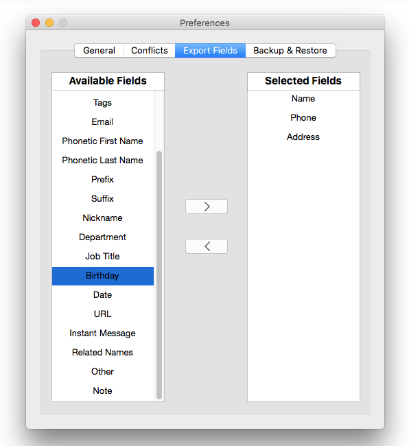 move the contact fields that you want to export to the Selected Fields section