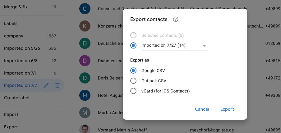 export vcf to csv via google