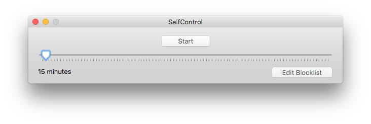 the SelfControl window showing that a period of 15 minutes is selected