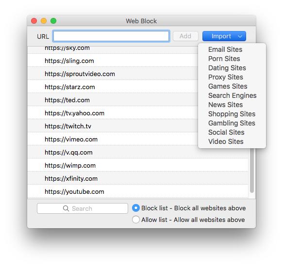 the Web Block window lets users add URLs and import websites