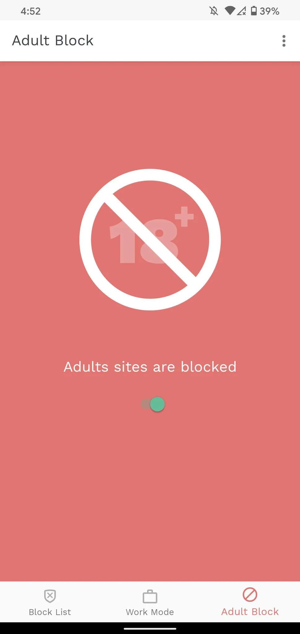 a screenshot showing that the Adult Block feature is enabled