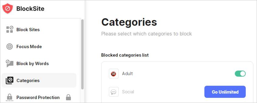 the Blocked categories list displaying Adult and other categories of websites