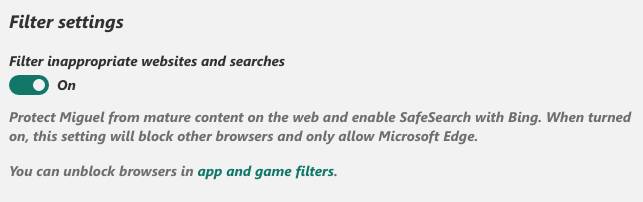 a screenshot showing that the Filter inappropriate websites and searches option is turned on