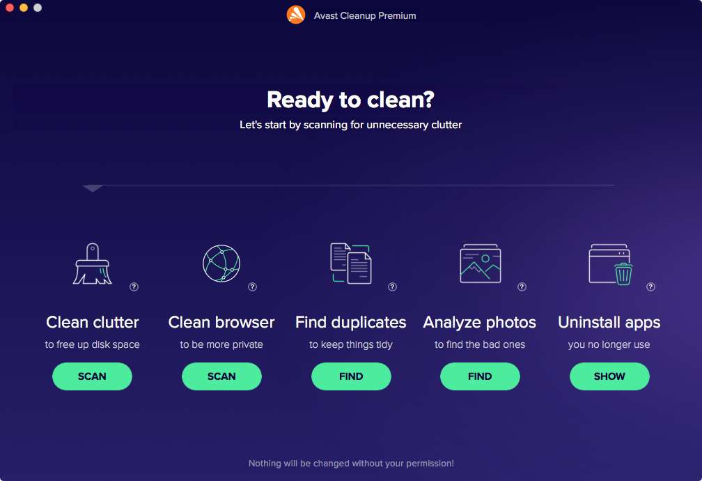 Avast Cleanup Premium's main screen displaying five tools including Avast duplicate file finder