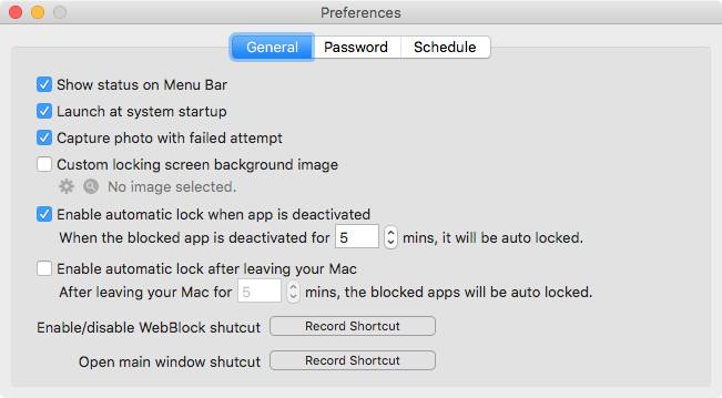 the Preferences window displaying the auto lock feature