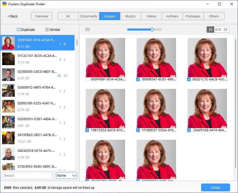 the scan results window displaying duplicate photos that have been found