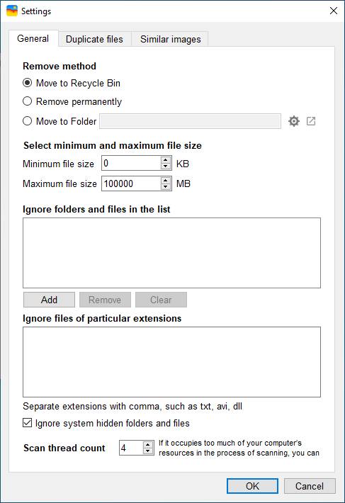 The Settings window showing General settings and Duplicate files settings
