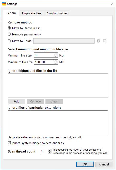 the General tab in the Settings window displaying setting options to exclude files and folders