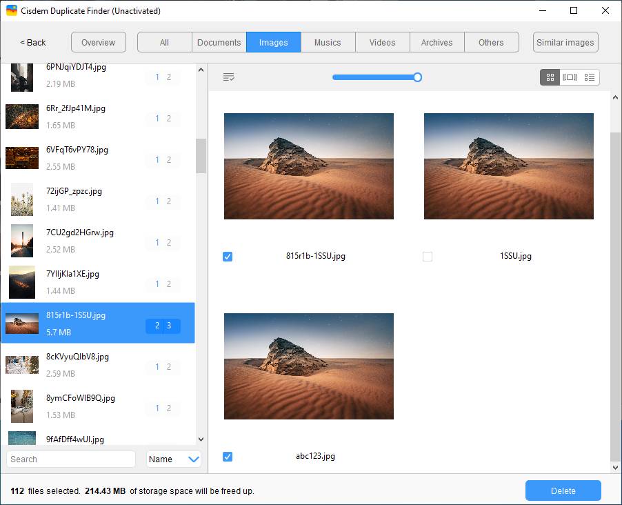 the results window displaying duplicate files