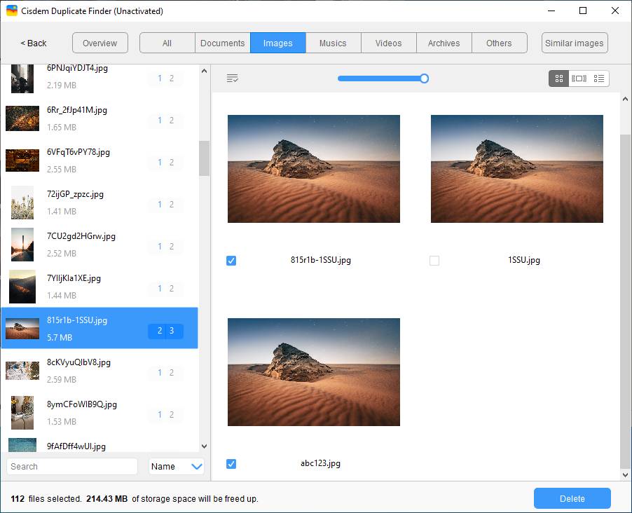 the results window displaying duplicate files found in folders