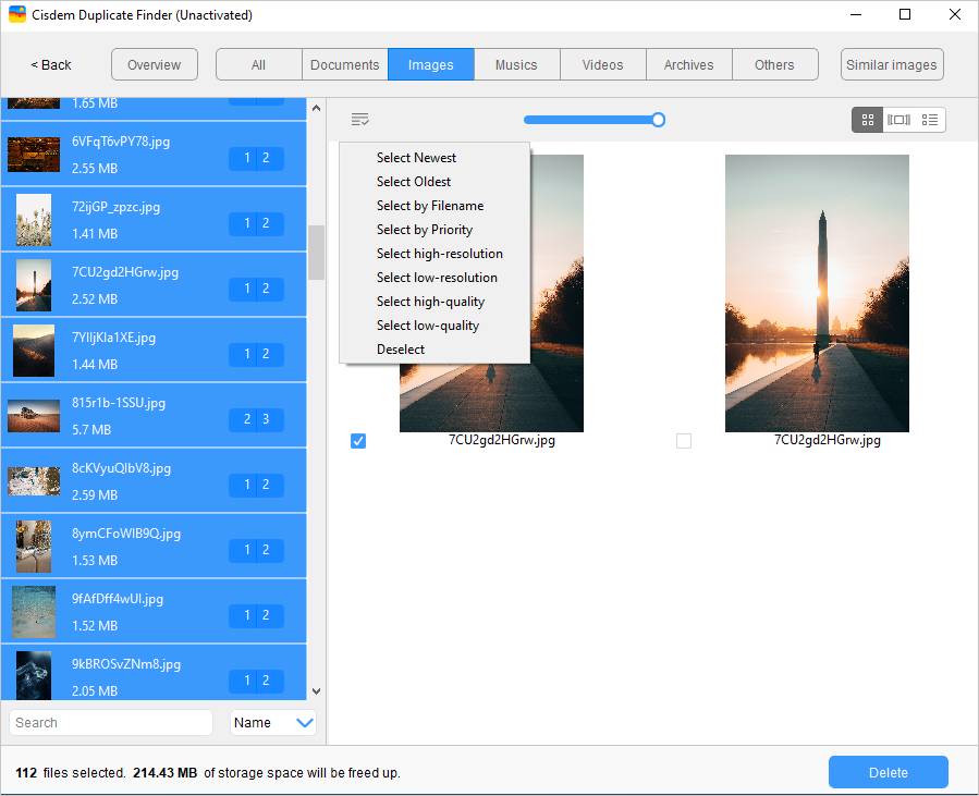 clicking the List icon brings up several selection rules to select duplicate photos for deletion