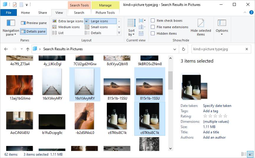 the File Explorer window showing six view modes and three sets of duplicate photos