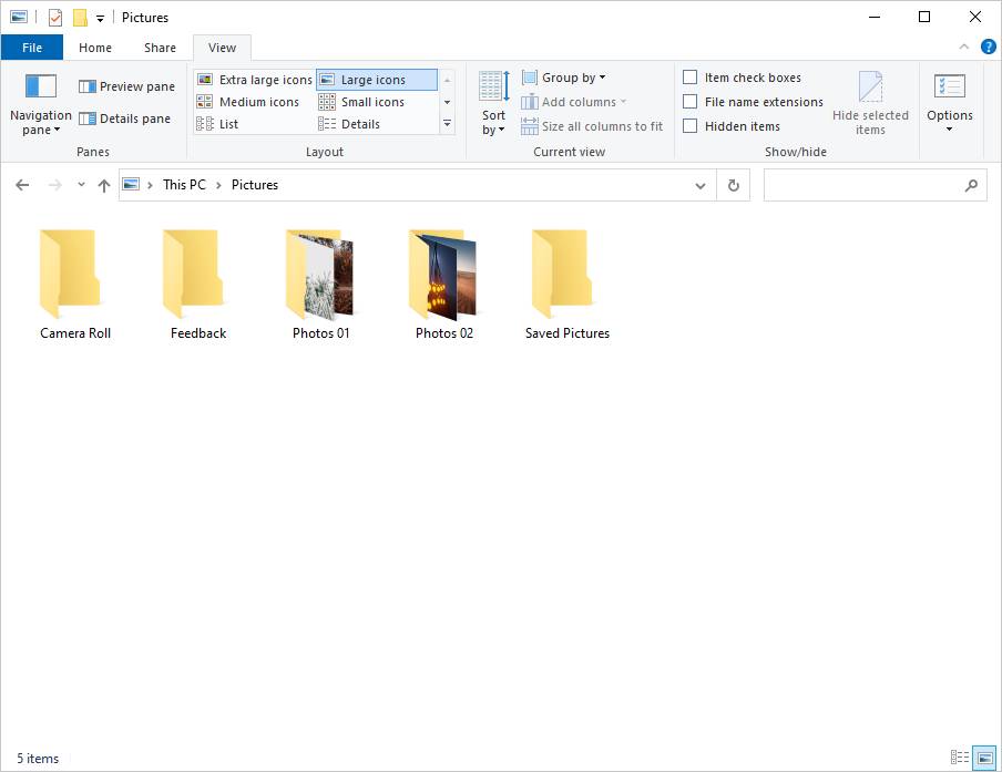 the Pictures folder is opened in File Explorer