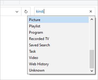 entering kind: in the search field of File Explorer bringing up Picture and other file types for users to choose from