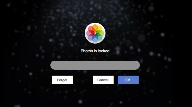 a dialog showing a "Photos is locked" message and a field for the user to enter the password