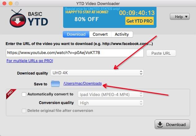 set quality and destination on YTD Video Downloader