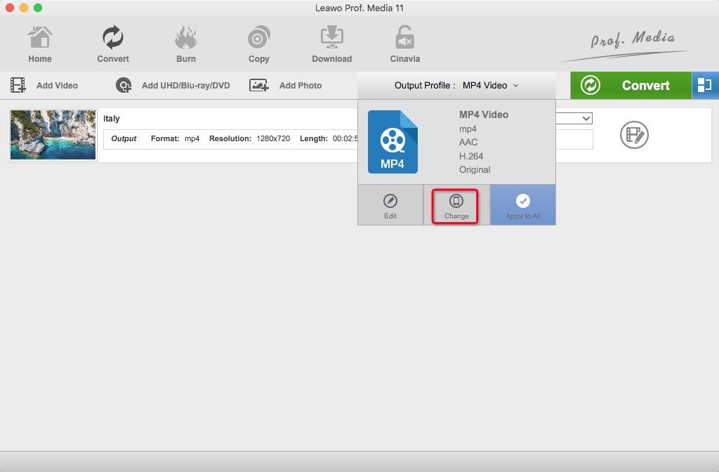 click "change" on Leawo Video Converter
