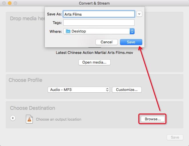 set file name and location on VLC Media Player