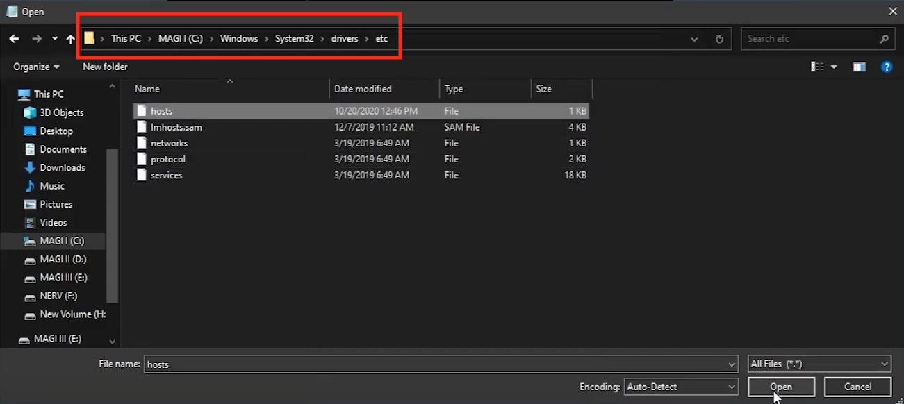 open hosts file