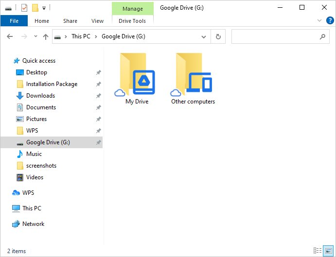 o painel de navegação exibe a pasta do Google Drive