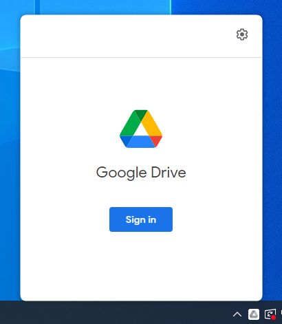 clicar no ícone do Google Drive na barra de tarefas abre o botão Fazer login