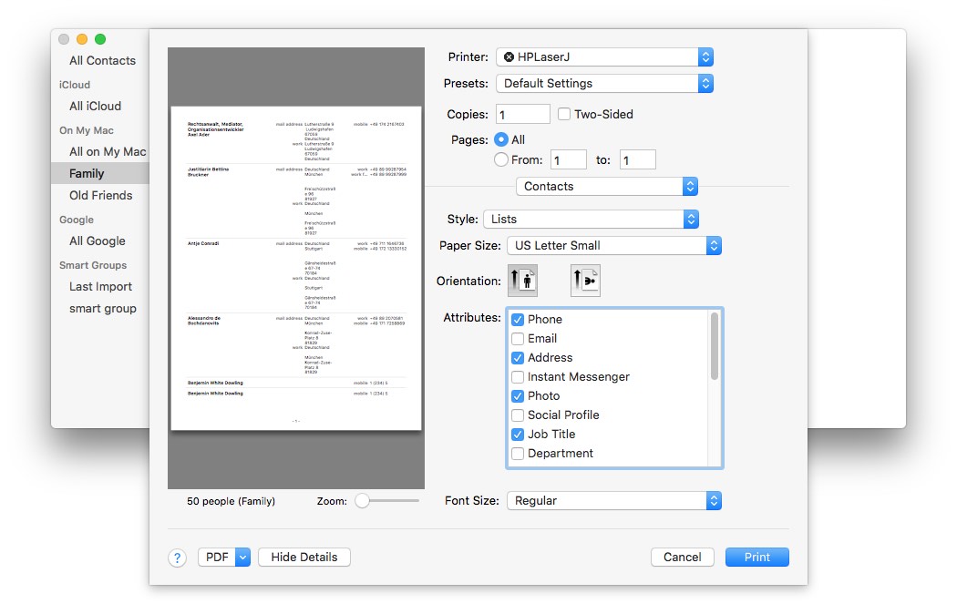 print contacts lists