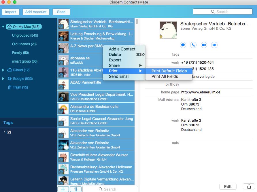 ContactsMate print contacts from mac address book