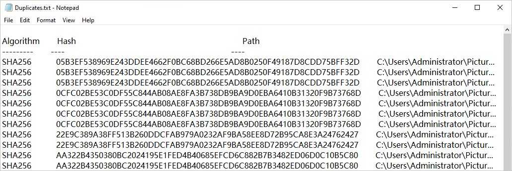 The text file showing hash values of files that help Windows users find duplicate files by hash