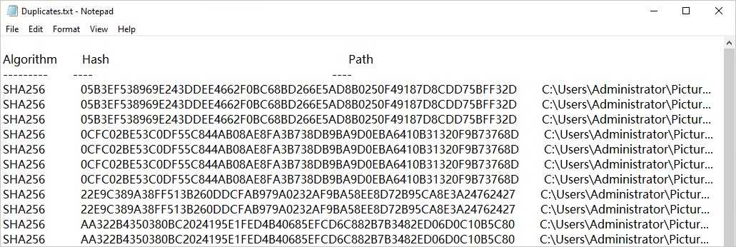 The text file showing hash values of files that help Windows users find duplicate files by hash