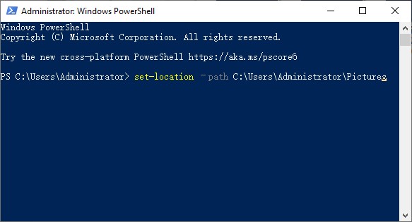 The PowerShell window showing that the Set-Location command is typed