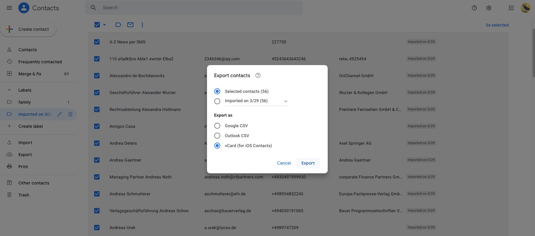 export Exchange contacts to VCF