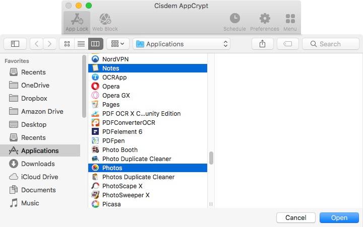 multiple Mac apps are selected to be added to lock