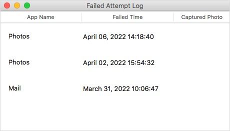 a window showing two records of failed attempts to open the locked Photos
