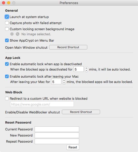 the Preferences window displaying the Auto Lock feature and other options