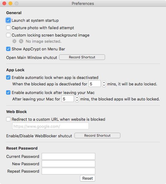 the Preferences window showing the Enable automatic lock when app is deactivated checkbox and several other checkboxes