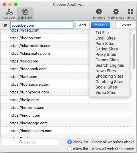 block websites by adding them to the Block list