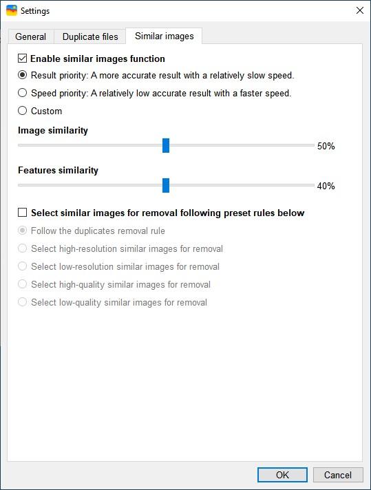 the Similar images tab in the Settings window displaying the the Enabled similar images function checkbox is selected