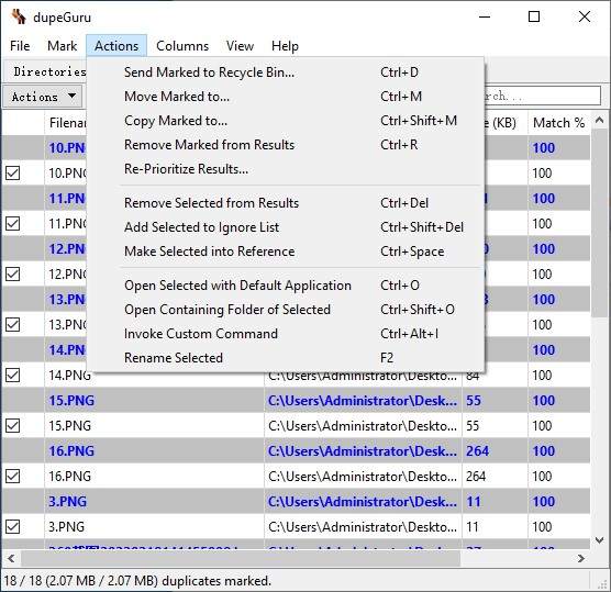 the Actions menu of dupeGuru showing Send Marked to Recycle Bin and other options