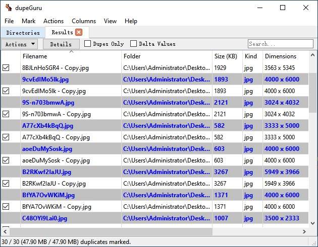 the Results tab showing groups of duplicate files