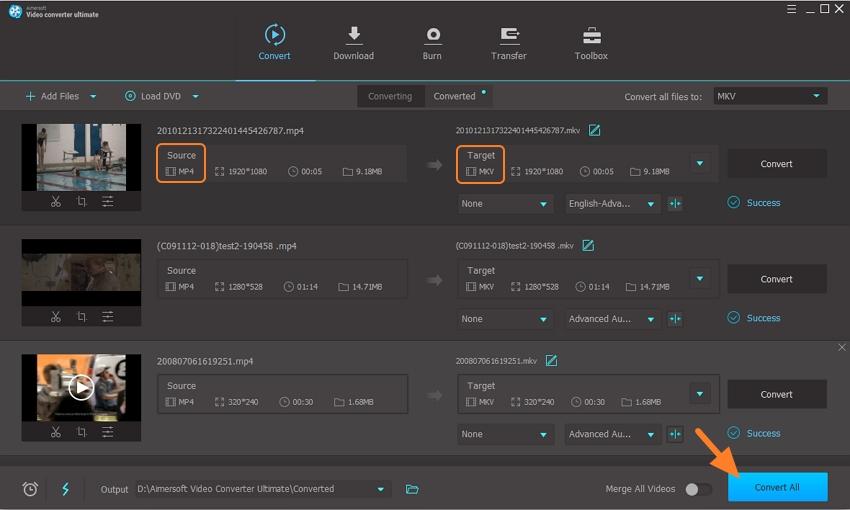 convert mp4 to mkv on windows with aimersoft