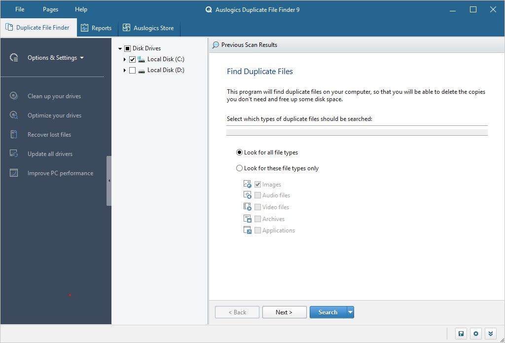 Auslogics Duplicate File Finder search options