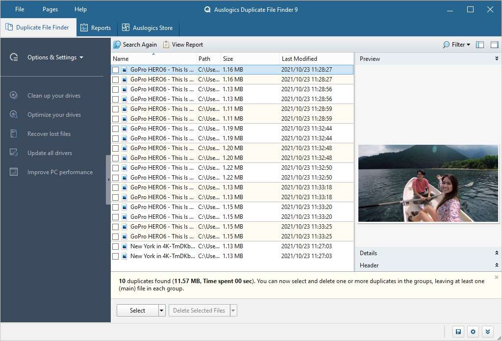 Auslogics Duplicate File Finder showing a list of the found duplicate files