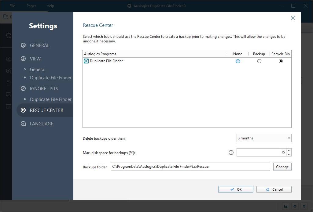 Auslogics Duplicate File Finder Rescue Center