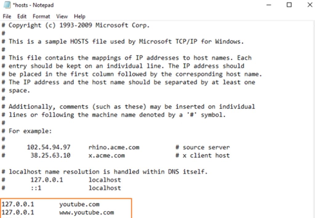 block youtube website via hosts file