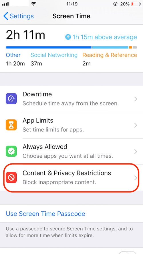 the main screen of Screen Time showing Content & Privacy Restrictions