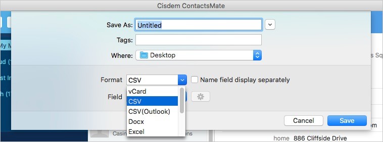 the Export As field displaying Excel and 7 other formats for you to export contacts to