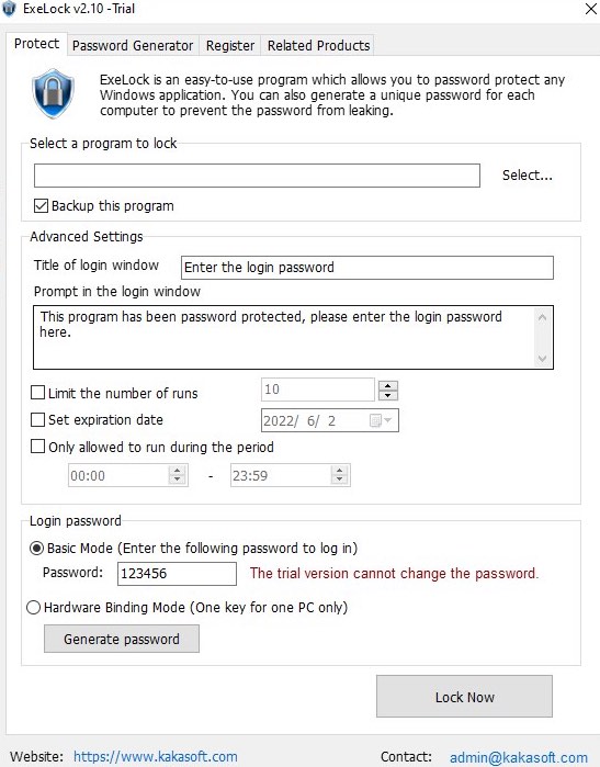 the Protect tab displaying the Select a program to lock field and some settings