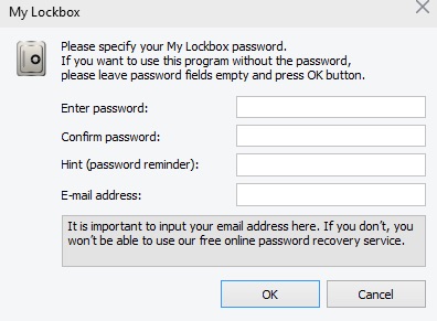 the My Lockbox window showing an Enter password field and a Confirm password field