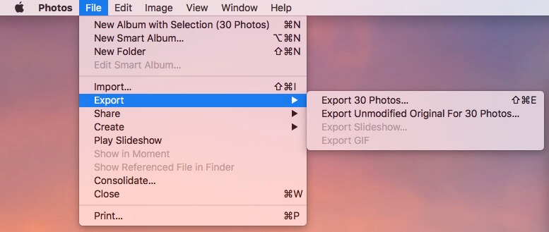 the File menu showing that Export is chosen