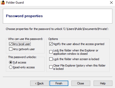 choose properties for the password
